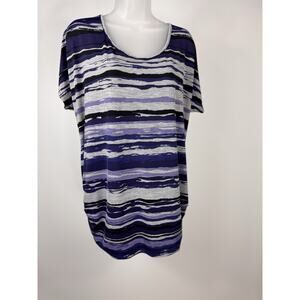 Women's Perseption 1X Blue Stripe Silky Sheer Summer Blouse Keyhole Back